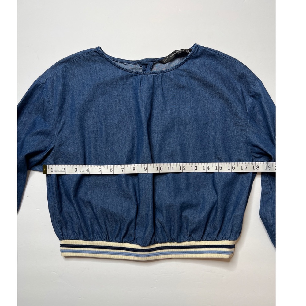 ZARA Trafaluc denimwear Denim Long Sleeve Back Buttons Cropped Top Sz M - Picture 8 of 12